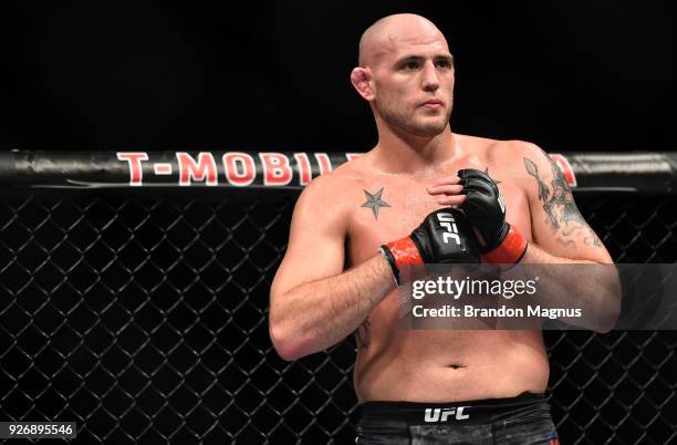 Jordan Johnson stands in his corner between rounds of his light heavyweight bout against Adam Milstead during the UFC 222 event inside T-Mobile Arena...