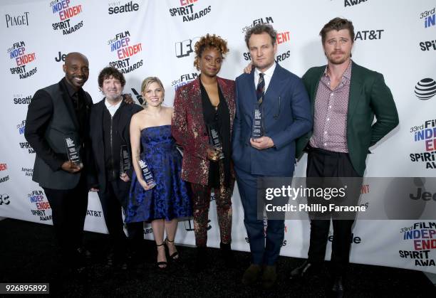 Actor Rob Morgan, casting directors Billy Hopkins and Ashley Ingram, director Dee Rees and actors Jason Clarke and Garrett Hedlund, winners of the...