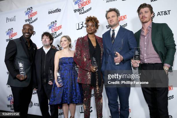 Actor Rob Morgan, casting directors Billy Hopkins and Ashley Ingram, director Dee Rees and actors Jason Clarke and Garrett Hedlund, winners of the...
