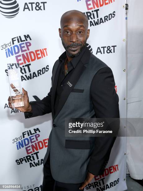 Actor Rob Morgan, winner of the Robert Altman Award for 'Mudbound', poses in the press room during the 2018 Film Independent Spirit Awards on March...