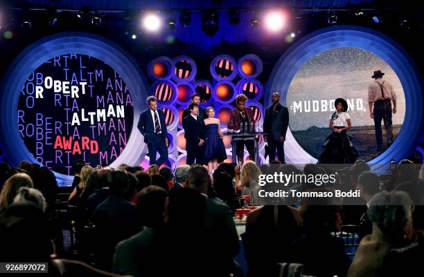 Actor Jason Clarke, casting directors Billy Hopkins and Ashley Ingram, actor Garrett Hedlund, writer/director Dee Rees, and actor Rob Morgan accept...