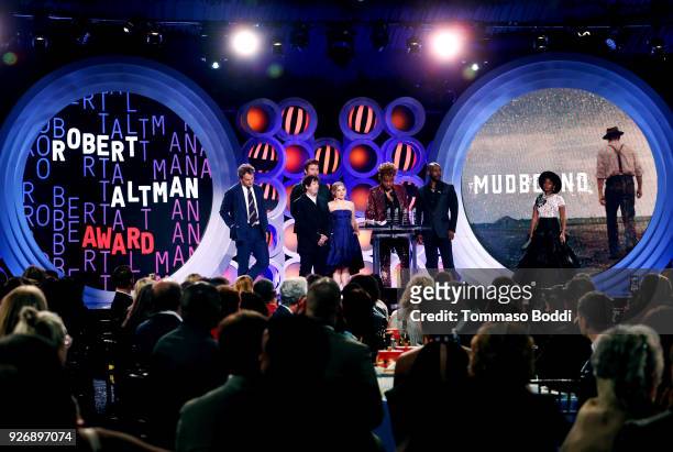 Actor Jason Clarke, casting directors Billy Hopkins and Ashley Ingram, actor Garrett Hedlund, writer/director Dee Rees, and actor Rob Morgan accept...