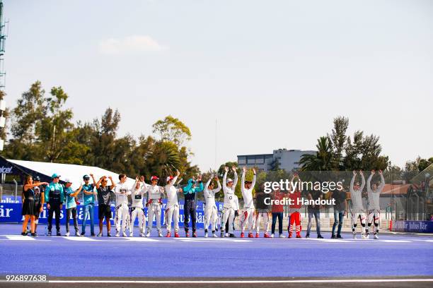 In this handout provided by FIA Formula E, Drivers start a mexican wave in the stadium. During the Mexico City ePrix, Round 5 of the 2017/18 FIA...