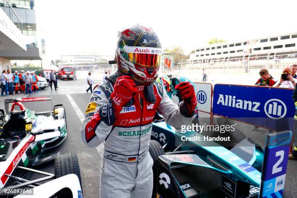 In this handout provided by FIA Formula E, Daniel Abt , Audi Sport ABT Schaeffler, Audi e-tron FE04, celebrates after winning the race. During the...
