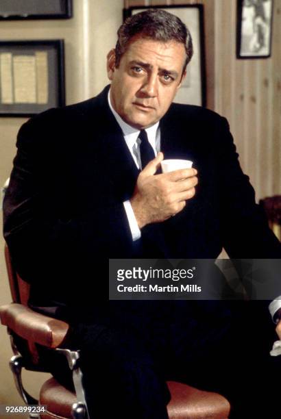 Actor Raymond Burr , plays the role of Chief of Detectives Robert T. Ironside, during the filming of 'Ironside' circa 1975 in Los Angeles, California.