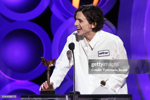 Actor Timothee Chalamet accepts Best Male Lead for 'Call Me by Your Name' onstage during the 2018 Film Independent Spirit Awards on March 3, 2018 in...