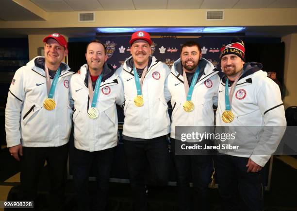 John Shuster, Tyler George, Matt Hamilton, John Landsteiner and Joe Polo of the gold medal-winning 2018 US Olympic Curling Team attend a media...