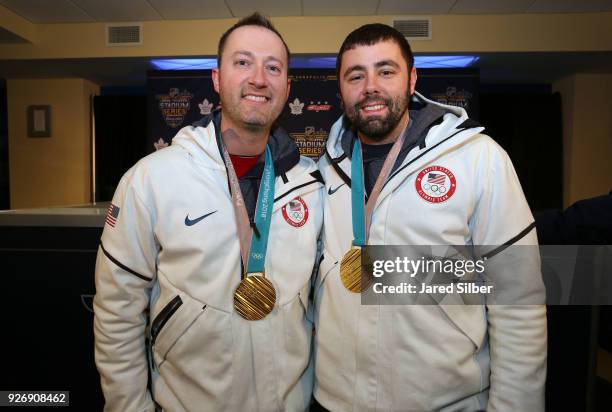 Tyler George and John Landsteiner of the gold medal-winning 2018 US Olympic Curling Team attend a media availability event prior to the 2018 Coors...