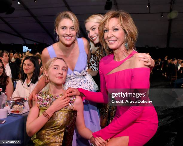 Actor Saoirse Ronan, actor/filmmaker Greta Gerwig, actor Margot Robbie and actor Allison Janney attend the 2018 Film Independent Spirit Awards on...