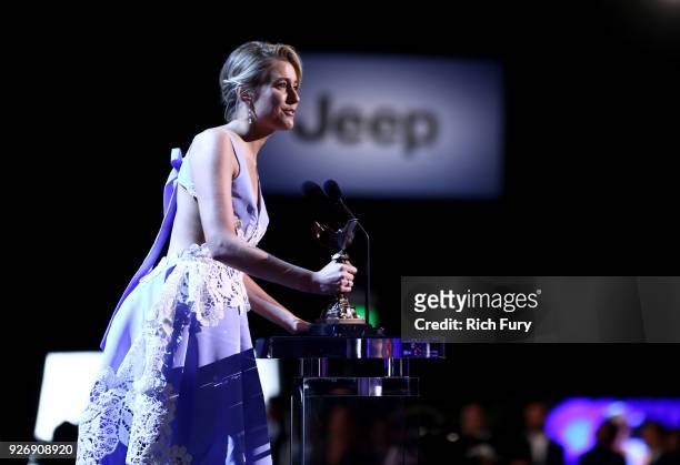 Greta Gerwig accepts the Best Screenplay award for "Ladybird" at the 2018 Film Independent Spirit Awards on March 3, 2018 in Santa Monica, California.