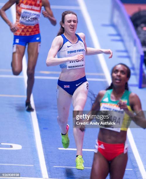 Laura Muir of Great Britain crosses the line in second position during the Women's 1500m Final on Day 3 of the IAAF World Indoor Championships at...