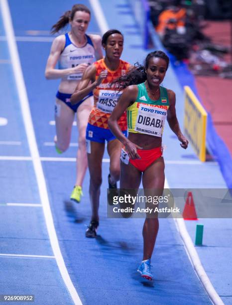 Genzebe Dibaba from Ethiopia leads Sifan Hassan from the Netherlands and Laura Muir of Great Britain during the Women's 1500m Final on Day 3 of the...