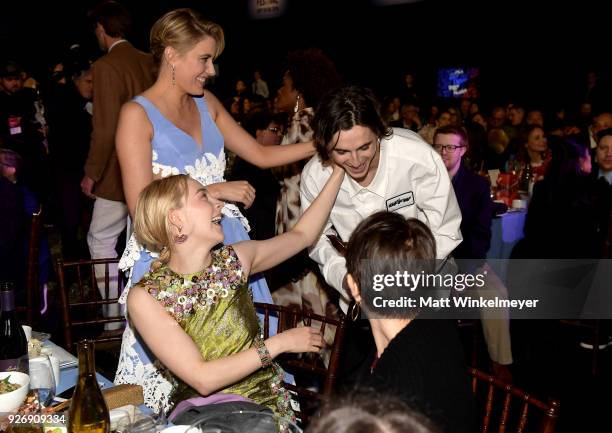 Director Greta Gerwig and actor Saoirse Ronan congratulate actor Timothee Chalamet on Best Male Lead award for 'Call Me By Your Name' during the 2018...