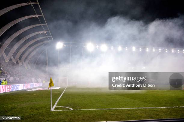 The pitch under the smoke during the Ligue 1 match between Amiens SC and Stade Rennais at Stade de la Licorne on March 3, 2018 in Amiens, .