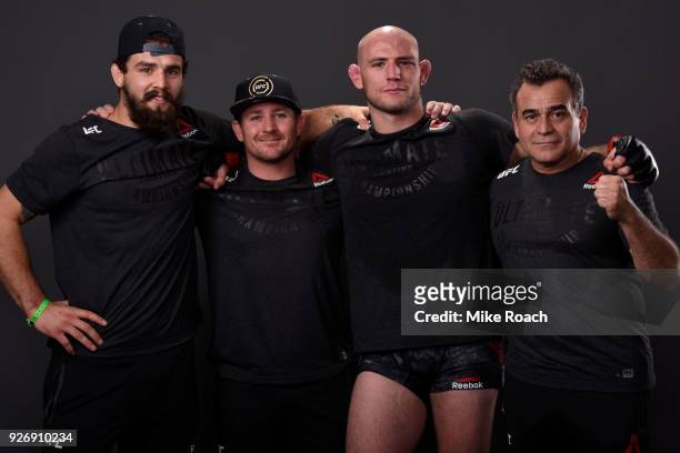 Jordan Johnson poses for a portrait backstage with his team after his victory over Adam Milstead during the UFC 222 event inside T-Mobile Arena on...
