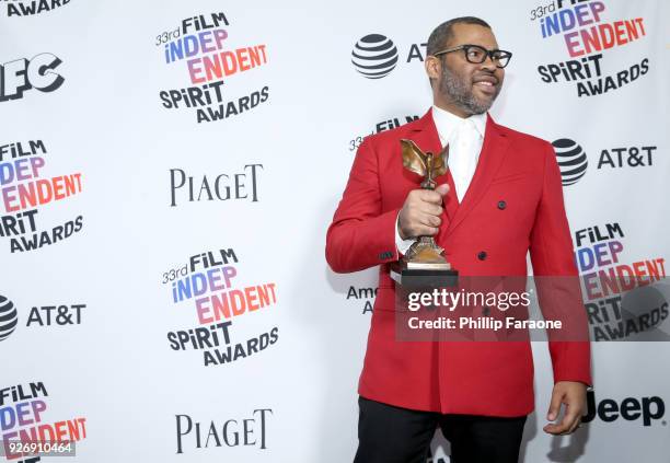 Director Jordan Peele, winner of Best Director for 'Get Out', poses in the press room during the 2018 Film Independent Spirit Awards on March 3, 2018...
