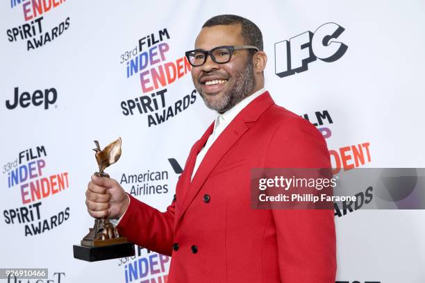 Director Jordan Peele, winner of Best Director for 'Get Out', poses in the press room during the 2018 Film Independent Spirit Awards on March 3, 2018...