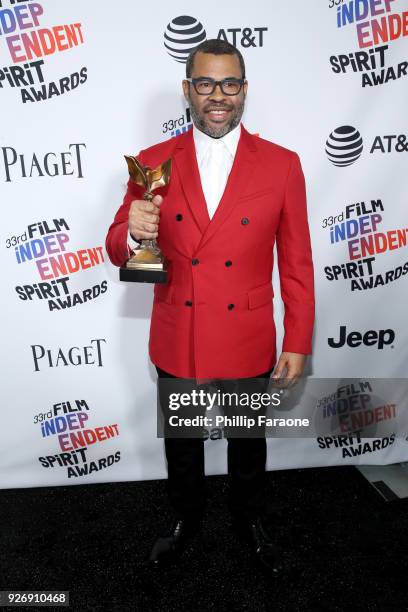 Director Jordan Peele, winner of Best Director for 'Get Out', poses in the press room during the 2018 Film Independent Spirit Awards on March 3, 2018...