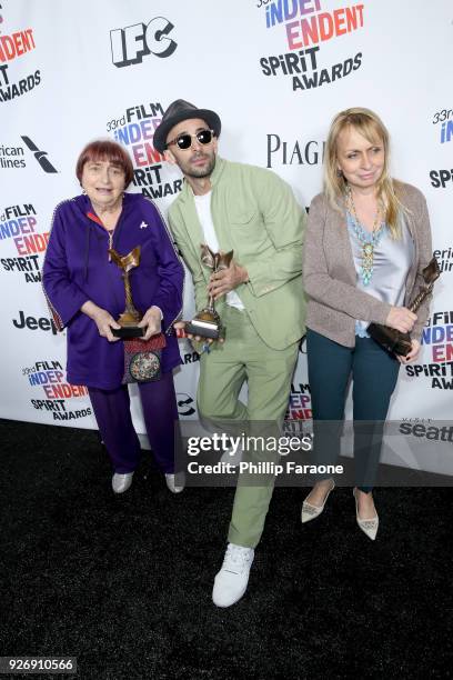 Co-directors JR and Agnes Varda and producer Rosalie Varda, winners of Best Documentary for 'Faces Places', pose in the press room during the 2018...