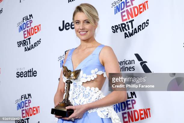 Actor/director Greta Gerwig, winner of Best Screenplay for 'Lady Bird', poses in the press room during the 2018 Film Independent Spirit Awards on...
