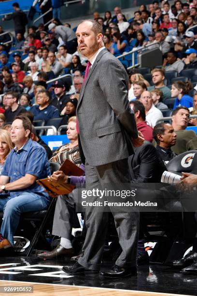 Coach Frank Vogel of the Orlando Magic looks on during the game against the Memphis Grizzlies on March 23, 2018 at Amway Center in Orlando, Florida....