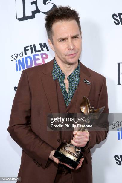 Actor Sam Rockwell, winner of Best Supporting Male for 'Three Billboards Outside Ebbing, Missouri', poses in the press room during the 2018 Film...