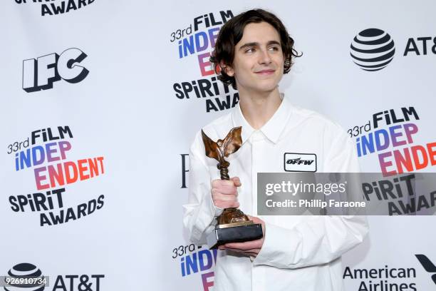 Actor Timothee Chalamet, winner of Best Male Lead for 'Call Me by Your Name', poses in the press room during the 2018 Film Independent Spirit Awards...