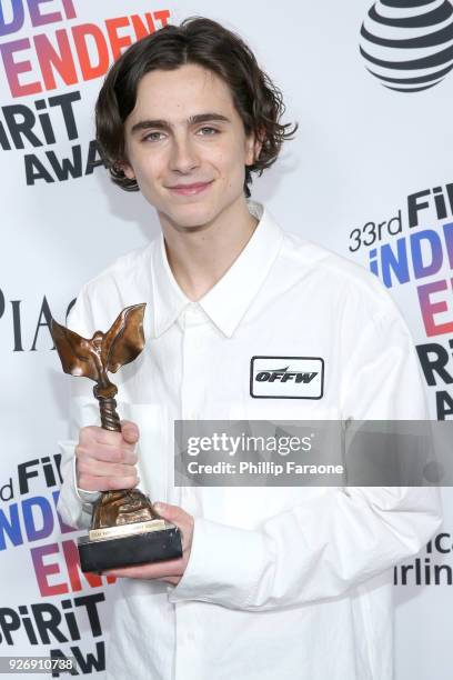 Actor Timothee Chalamet, winner of Best Male Lead for 'Call Me by Your Name', poses in the press room during the 2018 Film Independent Spirit Awards...