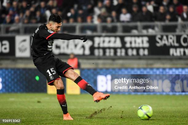 Rami Bensebaini of Rennes during the Ligue 1 match between Amiens SC and Stade Rennais at Stade de la Licorne on March 3, 2018 in Amiens, .