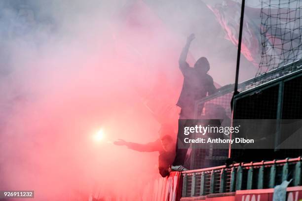 Fans of Rennes during the Ligue 1 match between Amiens SC and Stade Rennais at Stade de la Licorne on March 3, 2018 in Amiens, .