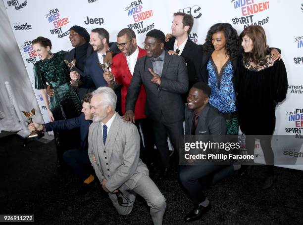 Cast and crew of 'Get Out' pose with the Best Feature award in the press room during the 2018 Film Independent Spirit Awards on March 3, 2018 in...