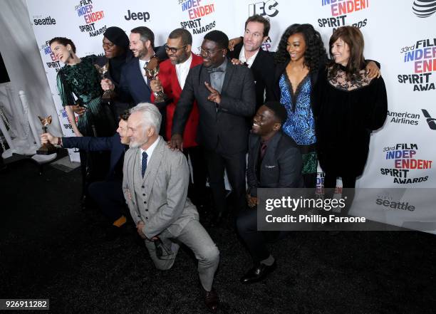 Cast and crew of 'Get Out' pose with the Best Feature award in the press room during the 2018 Film Independent Spirit Awards on March 3, 2018 in...