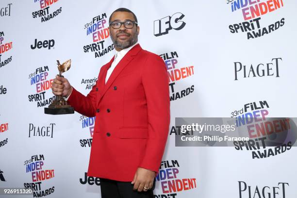 Director Jordan Peele, winner of Best Director for 'Get Out', poses in the press room during the 2018 Film Independent Spirit Awards on March 3, 2018...