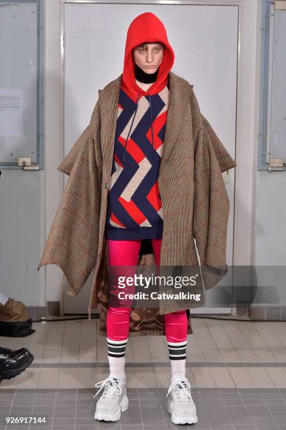 Model walks the runway at the Junya Watanabe Autumn Winter 2018 fashion show during Paris Fashion Week on March 3, 2018 in Paris, France.