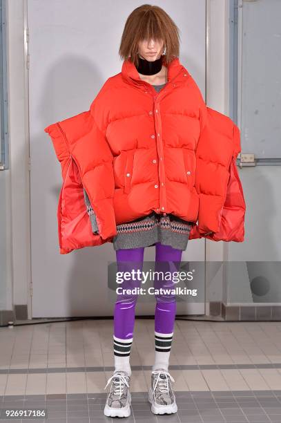 Model walks the runway at the Junya Watanabe Autumn Winter 2018 fashion show during Paris Fashion Week on March 3, 2018 in Paris, France.