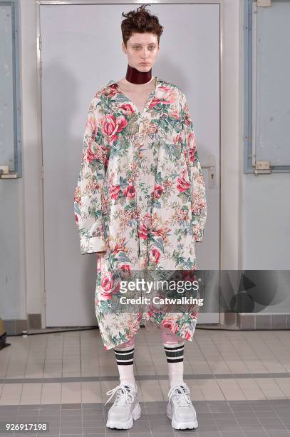 Model walks the runway at the Junya Watanabe Autumn Winter 2018 fashion show during Paris Fashion Week on March 3, 2018 in Paris, France.