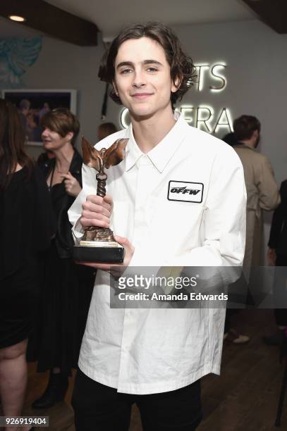 Actor Timothee Chalamet, winner of the Best Male Lead award for 'Call Me By Your Name,' attends the 2018 Film Independent Spirit Awards on March 3,...