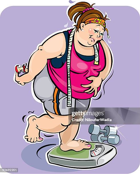 overweight lady on weighing scale - voluptuous stock illustrations