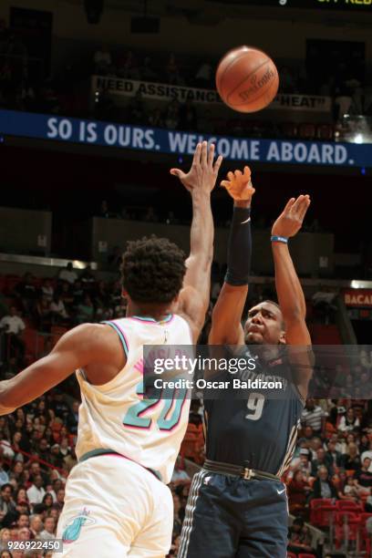 Langston Galloway of the Detroit Pistons shoots the ball against the Miami Heat on March 3, 2018 at American Airlines Arena in Miami, Florida. NOTE...