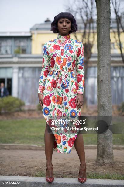 Justine Skye is seen on the street attending Vivienne Westwood during Paris Women's Fashion Week A/W 2018 wearing a floral dress on March 3, 2018 in...