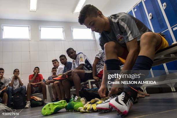 Red Bull Brazil's football player Thomas Bueno Amaral prepares for a training session at the training center in Jarinu, some 70 km from Sao Paulo,...