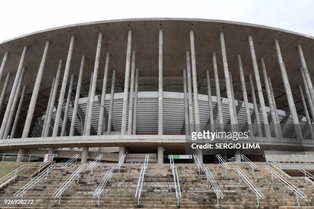 View of Mane Garrincha stadium in Brasilia on February 1, 2018. The Mane Garrincha stadium, named after one of Brazil's greatest players, was built...