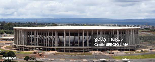 View of Mane Garrincha stadium in Brasilia on February 1, 2018. The Mane Garrincha stadium, named after one of Brazil's greatest players, was built...