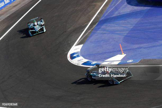 In this handout provided by Jaguar Racing, Mitch Evans , Panasonic Jaguar Racing, Jaguar I-Type II leads Nelson Piquet Jr. , Panasonic Jaguar Racing,...