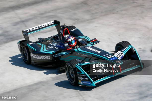 In this handout provided by Jaguar Racing, Mitch Evans , Panasonic Jaguar Racing, Jaguar I-Type II in action during the Mexico City ePrix, Round 5 of...