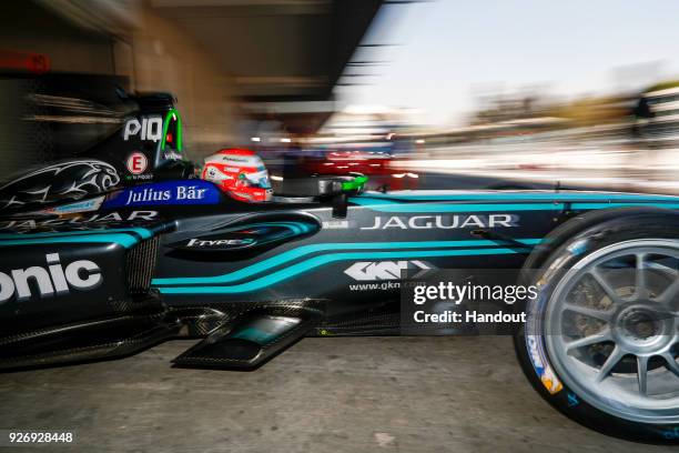 In this handout provided by Jaguar Racing, Nelson Piquet Jr. , Panasonic Jaguar Racing, Jaguar I-Type II, leaves the garage during the Mexico City...