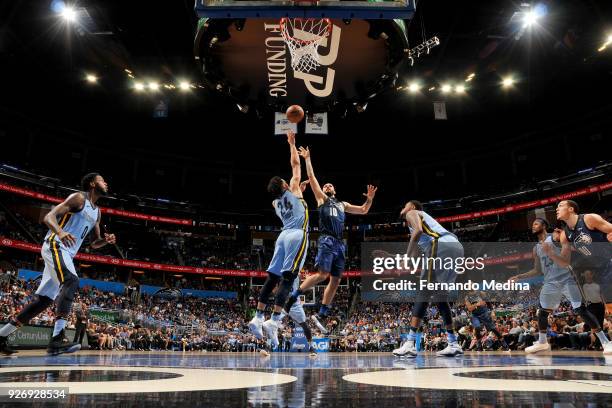 Evan Fournier of the Orlando Magic shoots a layup during the game against the Memphis Grizzlies on March 23, 2018 at Amway Center in Orlando,...