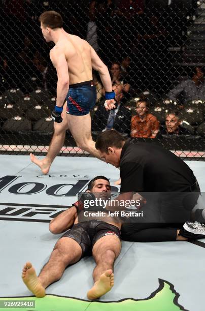 Alexander Hernandez celebrates his knockout victory over Beneil Dariush of Iran in their lightweight bout during the UFC 222 event inside T-Mobile...