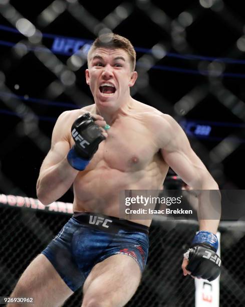 Alexander Hernandez reacts after defeating Beneil Dariush by TKO in a lightweight bout duirng UFC 222 at T-Mobile Arena on March 3, 2018 in Las...