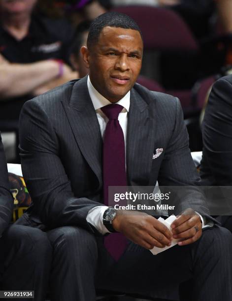 Head coach Damon Stoudamire of the Pacific Tigers looks on during a quarterfinal game of the West Coast Conference basketball tournament against the...